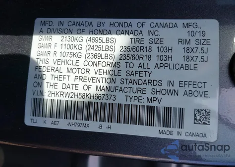 2019 Honda Cr-V Ex from USA, damaged, VIN 2HKRW2H58KH667373